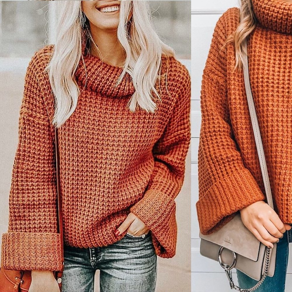 LAST Pumpkin Waffle Knit Turtle Neckline Sweater - Picture 1 of 6